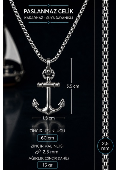 Paslanmaz Çelik Gemici Marine Tasarım Denizci Çapa Kolye Metalik Gümüş