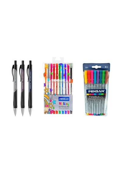 Okul Ve Sınav Yazım Seti Faber Castell Versatil Kalem Autoclick Plus 0.7mm 3 Adet + Triball 8 Adet Renkli Tükenmez + My King 10 Adet Renkli Simli Jel Kalem Çok Renkli
