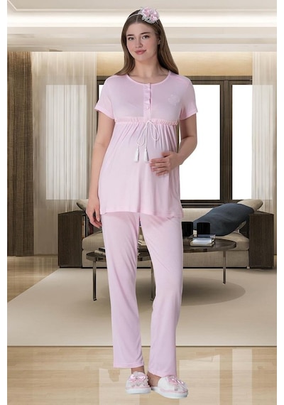 Mecit Pijama Mecit 6001 Bayan Pembe Çizgi Sabahlık Hamile Lohusa Pijama Takımı 001