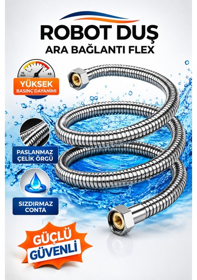 Robot Duş Ara Bağlantı Hortumu 60 Cm Flex Hortum Paslanmaz Çelik Örgülü Yüksek Basınçlı Gümüş