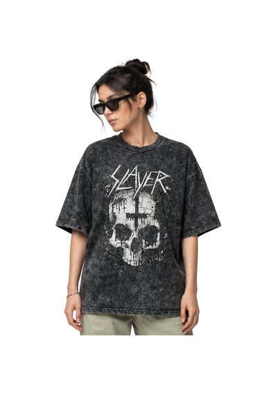 Slayer Rock Metal Müzik Grubu Ön Baskılı Unisex Oversize Eskitme Siyah