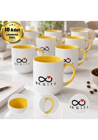 Logonuza Özel 10 Adet 280 Ml Porselen Sarı Elite Kupa Bardak Kurumsal Hediye Seti