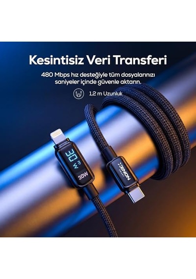 Xenon Smart Type-c To Lightning İphone Şarj Kablosu 30w Pd Hızlı Şarj 2m Led Örgü 480mbps X6427