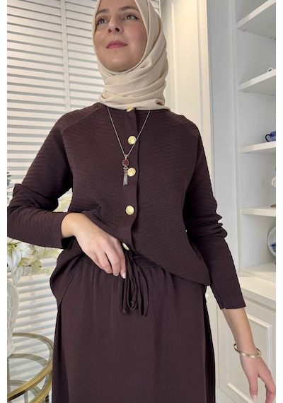 Rabia Şamlı Melis Çelik Örme Triko Takım Acı Kahve Çok Renkli