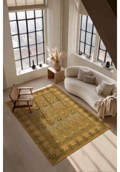 Mihrimah 501 Sarı Etnik Halı Vintage Halı Yıkanabilir İnce Dokuma Salon Ev Oturma Odası Halısı Sarı Mavi