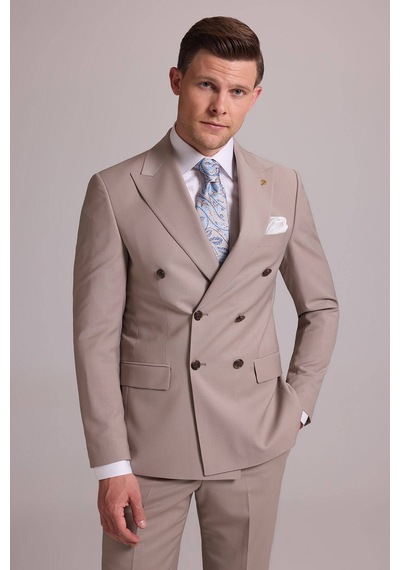 Erkek Krem Slim Fit Kruvaze %100 Yün Takım Elbise