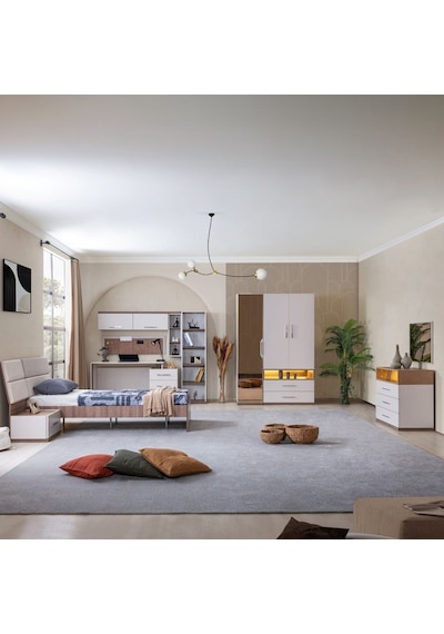 Milano Genç Odası - 3 Kapaklı Aynalı Dolap, Karyola, Komodin, Çalışma Masası, Şifonyer, Kitaplık Beyaz Milano Genç Odası - 3 Kapaklı Aynalı Dolap, Karyola, Komodin, Çalışma Masası, Şifonyer, Kitaplık Beyaz