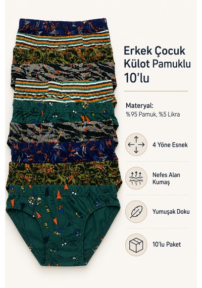 Tom John Erkek Çocuk Külot Pamuklu Likralı Garson 10 Lu Paket 30948 Çok Renkli