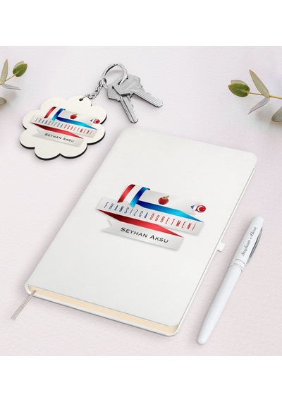 Kişiye Özel Fransızca Öğretmeni Beyaz Defter Kalem Ve Anahtarlık N11.8583