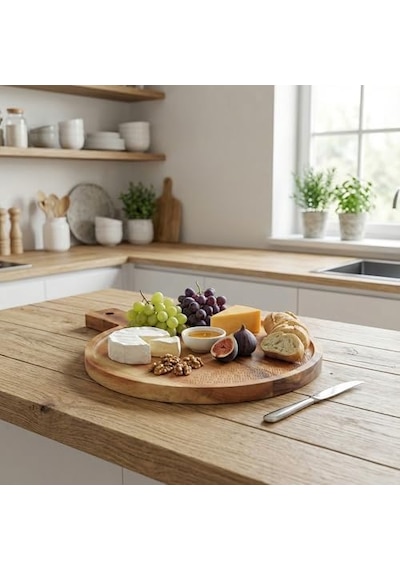 Doğal Akasya Ahşap Yuvarlak Sunum Tahtası Ve Servis Tepsisi 28.5 Cm Özel Motif Desenli Ve Kulplu Pizza, Peynir Ve Pasta Tabağı 15cm