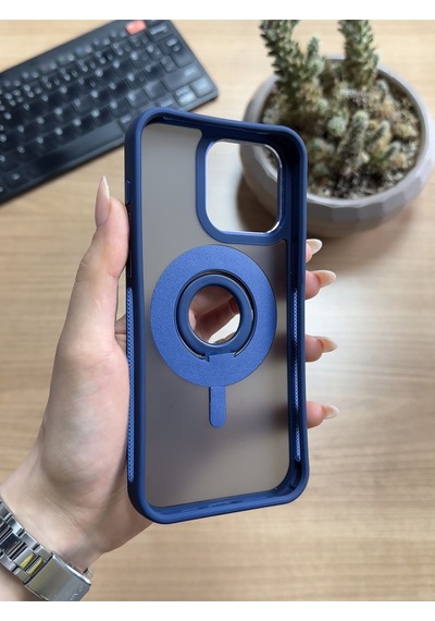 Apple Uyumlu iPhone 14 Pro Max Standlı Ve Yüzüklü Magsafe Kılıf Soocase721 Lacivert