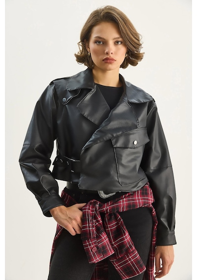Shade Kadın Geniş Cep Detaylı Kemerli Oversize Crop Deri Ceket 3129 60284102 - Siyah