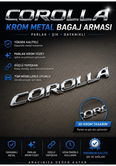 Toyota Corolla Krom Metal Bagaj Arması Parlak 3d Logo