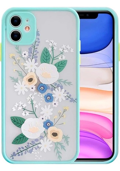 Apple iPhone Uyumlu iPhone 12 6.1inç Kamera Korumalı Çiçek Desenli Silikon Kılıf- 5775 Mavi