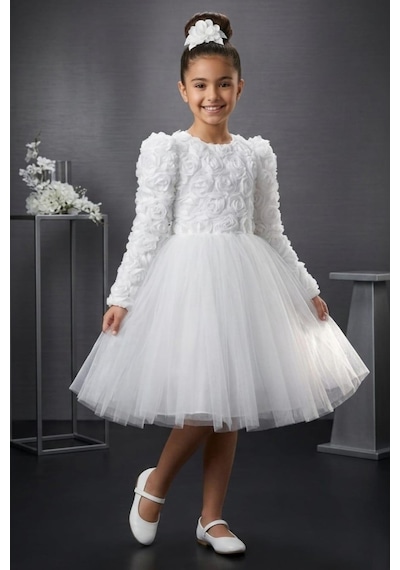 Mnk Baby & Kids Luvia Uzun Kol Kız Tütü Abiye Elbise M00810 Beyaz