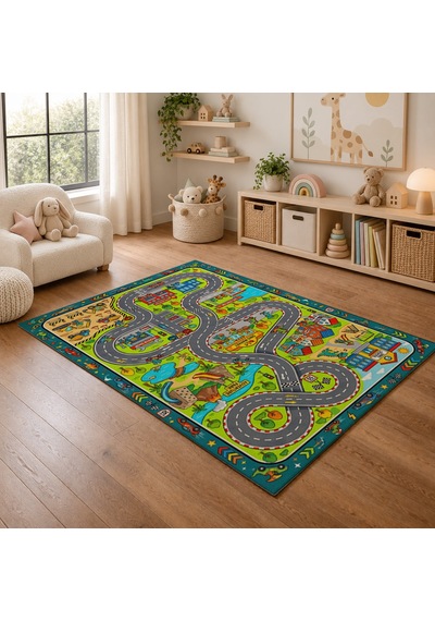 Kartela Halı Dino Şehir Kaymaz Taban Çocuk Oyun Halısı - 60 x 90 CM