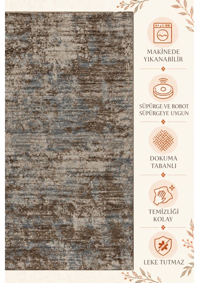 Vivanni Home Everlynn Polyester Vintage Halı Pamuk Atkı Tabanlı Modern Dokuma Ev Halısı Kahverengi Mavi