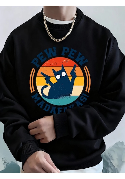 Startmore Tarzsokak Madafakas Çift Silahlı Kedi Baskılı Erkek Kapüşonlu Üstü Sonbahar Polar Sıcak Sweatshirt Günl Siyah