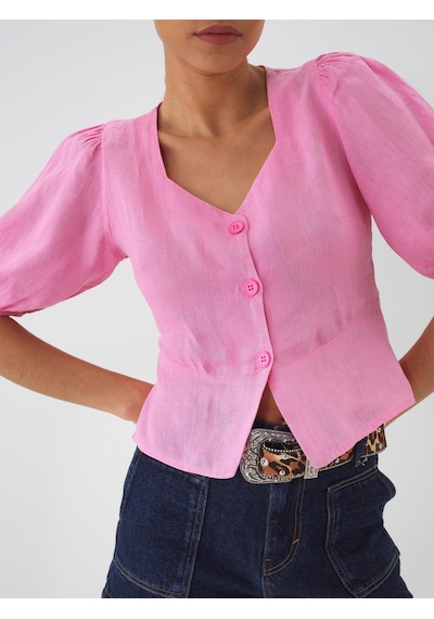 Xint Pembe %100 Keten Regular Fit Bluz 751075
