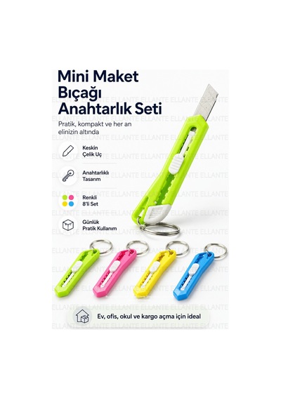 Mini Maket Bıçağı Anahtarlık Çelik Uç Sürgülü Kargo Koli Paket Zarf Açıcı Pratik Kesici Tekli 1 Adet