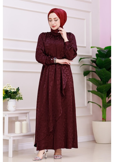 Kat Detaylı Eflan Saten Abiye-bordo-4835 Bordo
