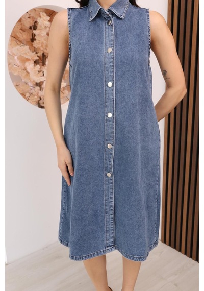 Kadın Açık Mavi Sıfır Kol Gömlek Yaka Denim Kot Elbise