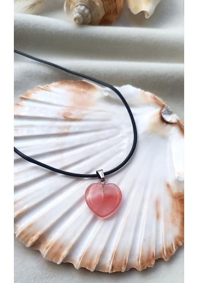 Kolye Gerdanlık Kalp Yoga Reiki Doğal Pembe Kuvars Taşı Kadın Takı Hediye
