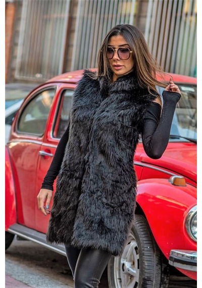 Veraura Lifestyle Siyah Arkası Deri Detaylı Cepli Uzun Suni Kürk Yelek