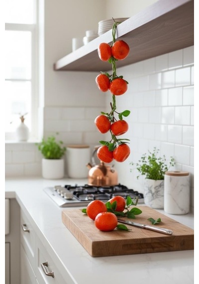 Yapay Mandalina Salkımı Süs 8 Mandalinalı Dekoratif Yapay Meyve Sebze Turuncu