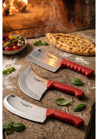 Lazbisa Mft-158 Silver Serisi Pide Börek Mutfak Bıçağı Salata Pizza Bıçak Kıyma Tavuk Satırı 3 Lü Set Ahşap - Kırmızı