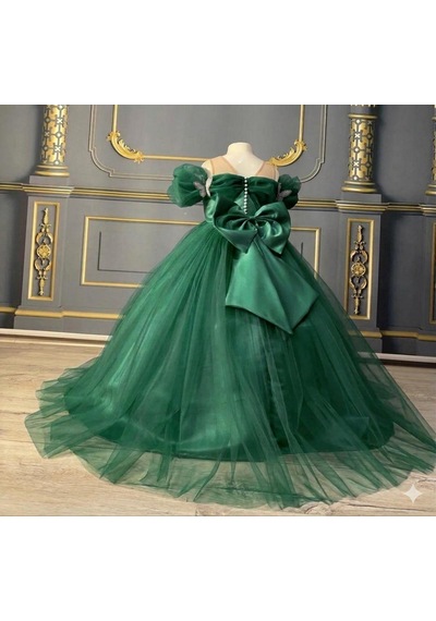 Star Kids Fashion Kız Çocuk Zümrüt Yeşili Kelebek Detaylı Prenses Elbise, Kız Çocuk Abiye Elbise Yeşil