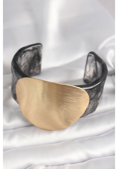 Siyah Mermer Desen Akrilik Plastik Gold Daire Plaka Model Vintage Kadın Bilezik Siyah