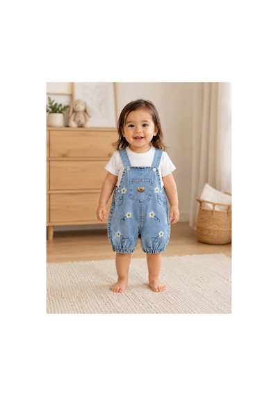 The Two Kız Bebek Papatya Nakışlı Denim Salopet Ve Pamuklu Tişört 2'li Takım 9-18 Ay Çok Renkli