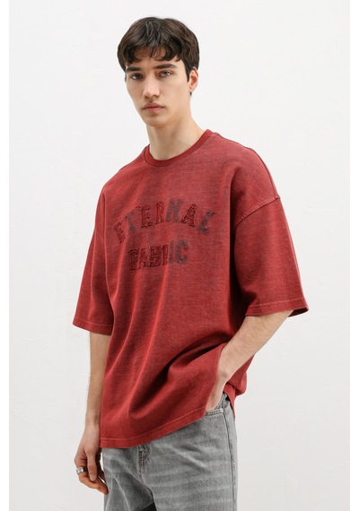 Vamos Oversize Baskılı Tişört V70-148 Bordo