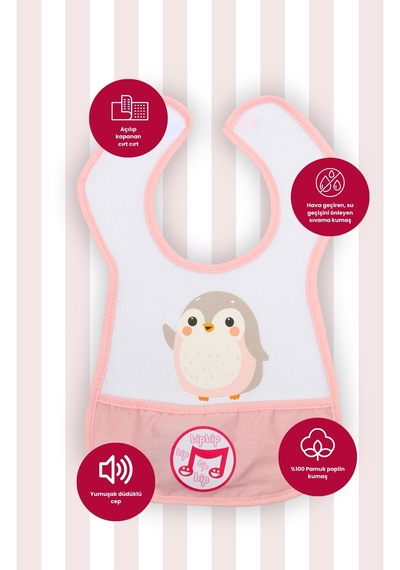 Düdüklü Cepli Sıvama Mama Önlüğü - Minik Penguen Pembe Bebek Önlüğü Koyu Pembe