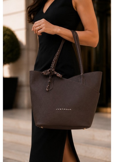 Just Polo Kadın Büyük Boy Şal Detaylı Günlük Kullanıma Uygun Yavrulu Lüks Tasarım El & Omuz Çantası Shopper Kahverengi