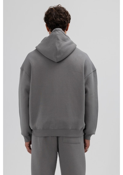 Vamos Basic Fermuarlı Oversize Kapüşonlu Sweatshirt Füme