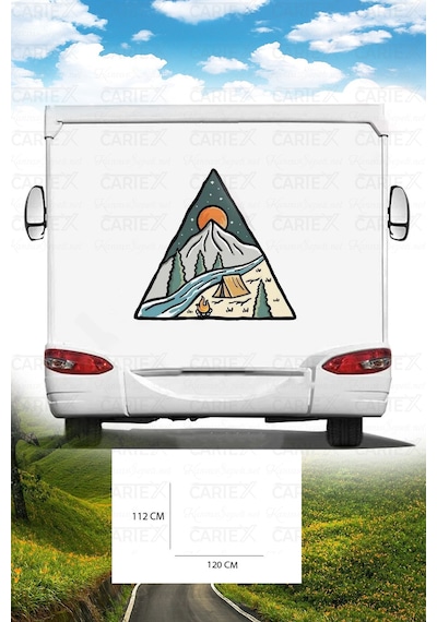 Karavan Kamp Baskı Sticker - Kamp Çadırı Ve Kamp Ateşi Sticker - Dağ Ve Güneş Sticker - 120x112 Cm