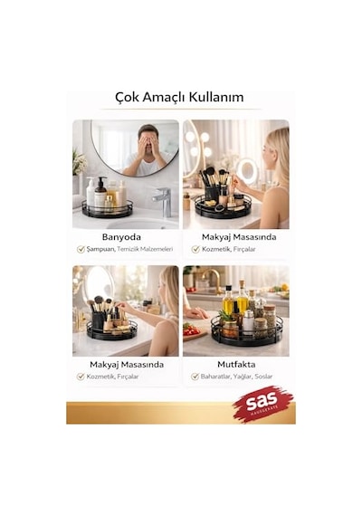 Banyo Kozmetik Takı Düzenleyici Çok Amaçlı Organizer Tek Katlı Servis Sunum Tepsisi İkramlık Siyah Çok Renkli