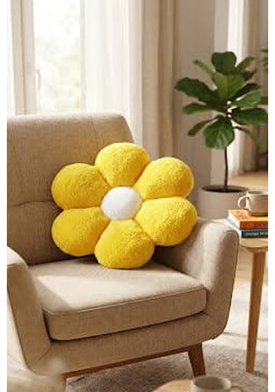 Soft Pelüş Papatya Dekoratif Yastık Bahar Şıklığında Kırlent Ve Minder 45x45 Çapında Sarı