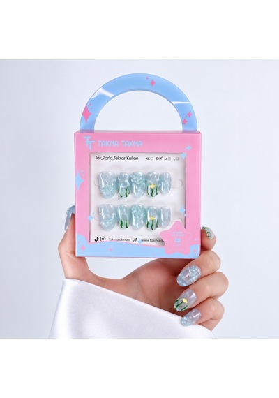 Mavi Nail Art Kısa Oval 10'lu Tekrar Kullanılabilir El Yapımı Protez Takma Tırnak Ekov-3526 M