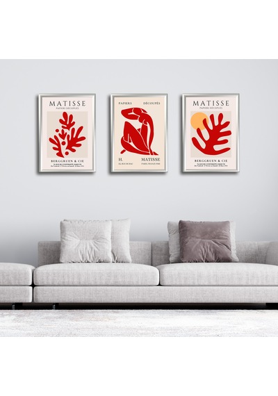 Henri Matisse 3'lü Alüminyum Çerçeveli Poster Seti - Önden Açılır A3 Açılır Kapanır Çerçeve Seti Kırmızı Soyut Figürler, Gümüş