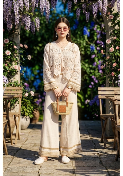 Fashion Cocktail Romantik Kore Tarzı İnci Brode İşçilikli Dantel Zarif Yelek Pantolon Ham Keten Bohem Takım Bej Fashion Cocktail Romantik Kore Tarzı İnci Brode İşçilikli Dantel Zarif Yelek Pantolon Ham Keten Bohem Takım Bej