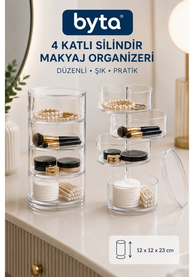 4 Katlı Şeffaf Silindir Makyaj Organizeri Kozmetik, Takı Ve Aksesuar Düzenleyici Şeffaf