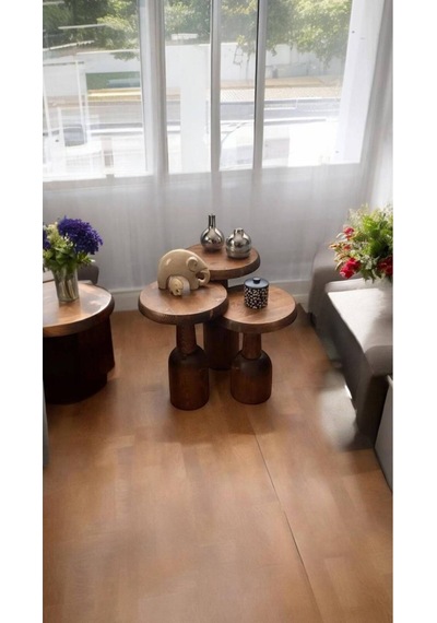 Wood Ahşap 3 Lü Set Mantar Yan Sehpa Konik Model / Ceviz Renk / Zigon Sehpa Kahverengi