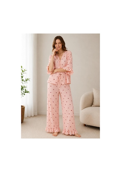 Pijamask Kadın Kısa Kollu Pamuklu Pijama Takım Kirazpembe