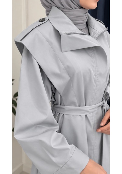 Nevayla Moda Kuşaklı Fermuarlı Mevsimlik Trençkot - Gri / M0116