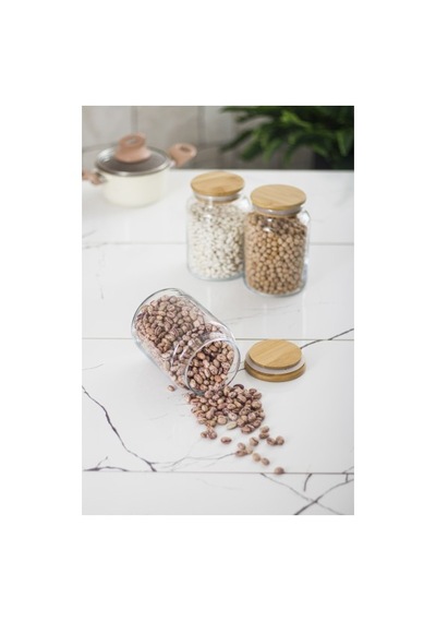 3 Lü Set Bambu Kapaklı Cam Kavanoz & Erzak Saklama Kabı 800 Ml Orta Boy Vakum Kapak Düz Renkli