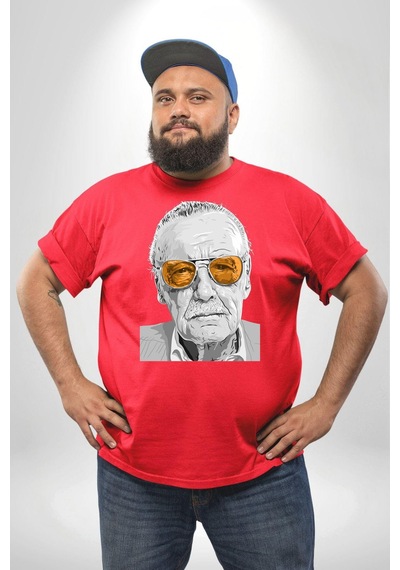 Angemiel Stan Lee Kırmızı Büyük Beden Erkek Kadın Unisex Basic Ön Baskılı Tişört Kırmızı