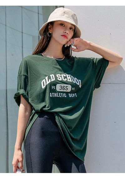 Kadın Yeşil Oversize Old School T-shirt - Oversize Baskılı Yeşil